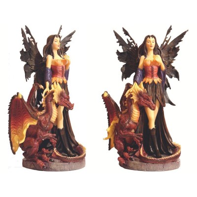 Grande Statuette Fée Gothique et son Jeune Dragon Rouge Figurine Fantasy