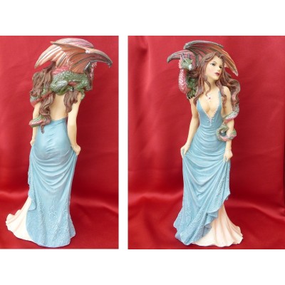 Statuette Femme Sexy  en Robe Bleue et Dragon Rouge et Vert Figurine Fantasy