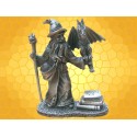 Figurine Sorcier avec Bébé Dragon Statuette Étain Magicien, Livres et Boule Magique