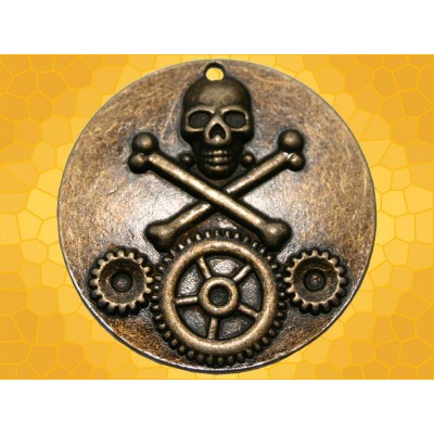 Pendentif Médaillon Steampunk Crâne Tibias et Pignons Couleur Bronze Pirate