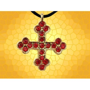 Pendentif Croix Chrétienne Dorée et Brillants Rouges Bijou Collier Médiéval