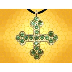 Pendentif Croix Chrétienne Dorée et Brillants Verts  Bijou Collier Médiéval