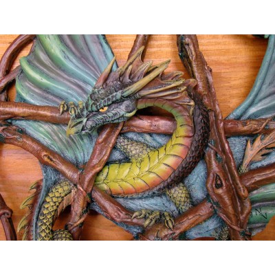 Pentagramme Dragon Vert Plaque Murale en Couleurs Fantasy Dragons Mythiques